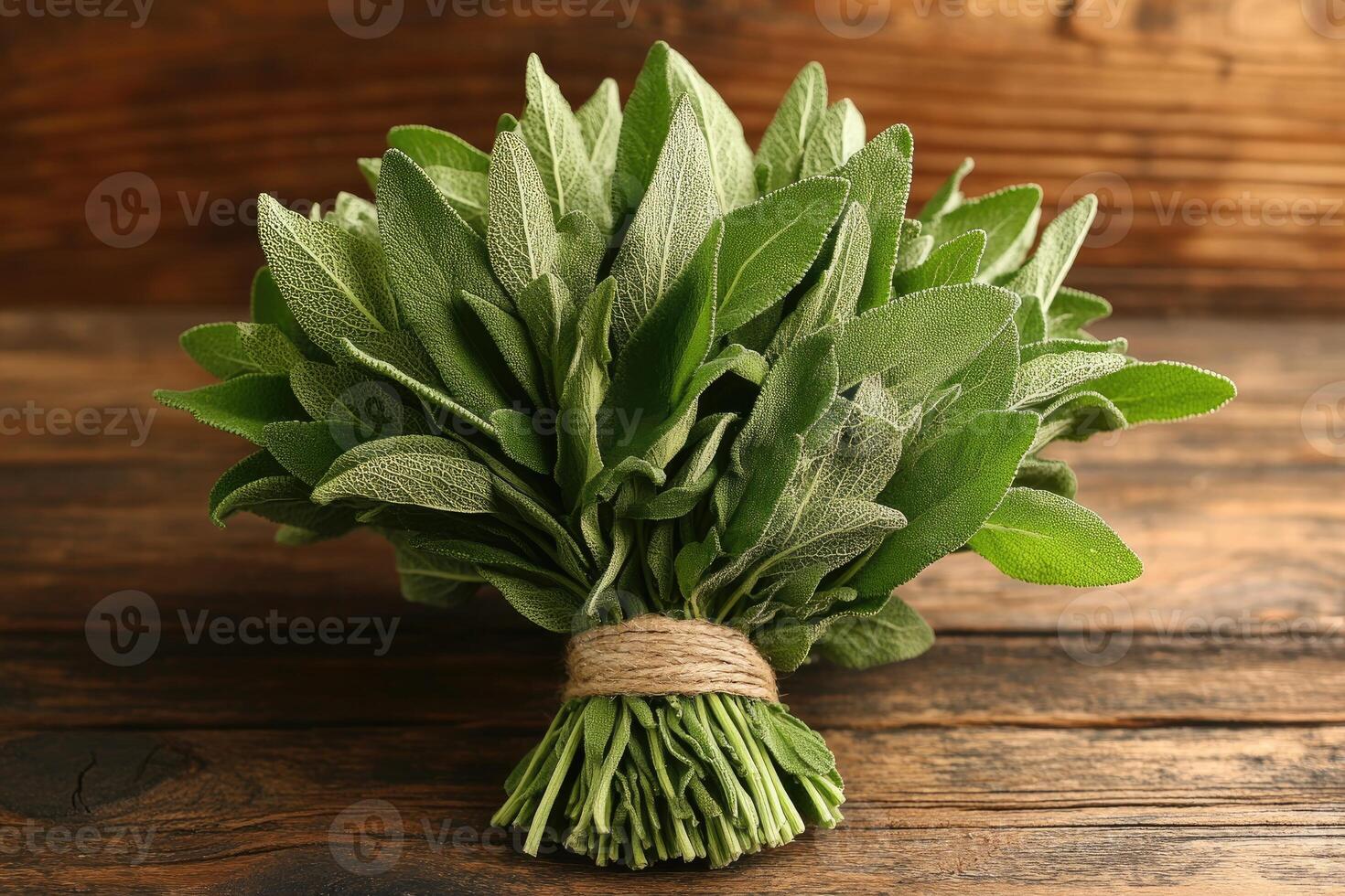 Fresh sage leaves arranged on rustic wooden table. photo