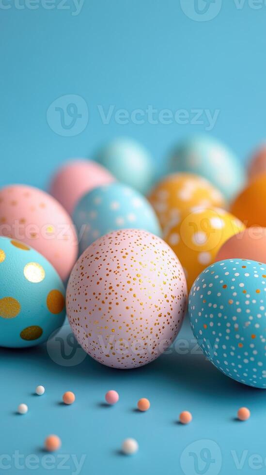 Colorful easter eggs forming a festive still life on blue background photo