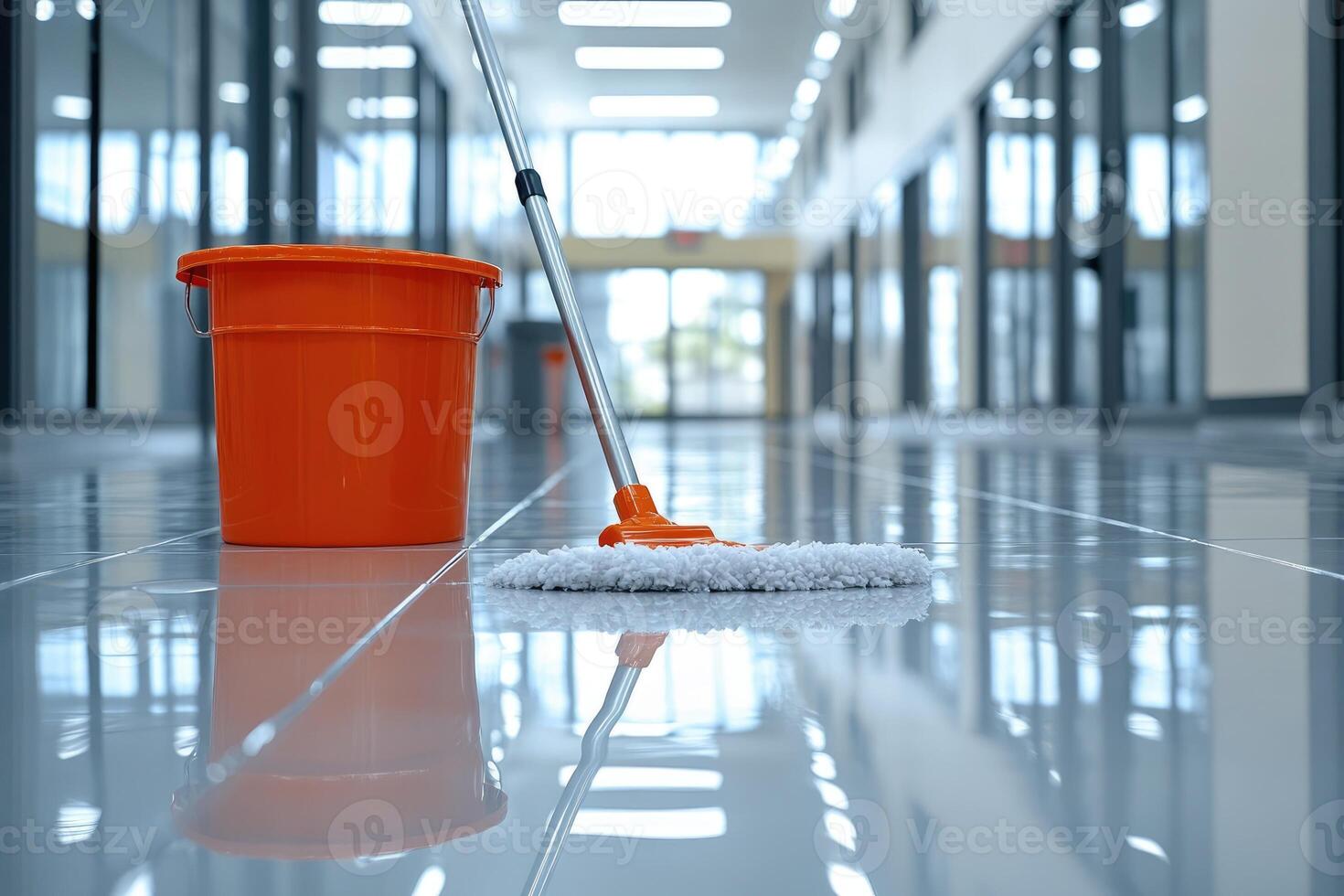 Cleaning company is mopping the floor in a modern office building photo