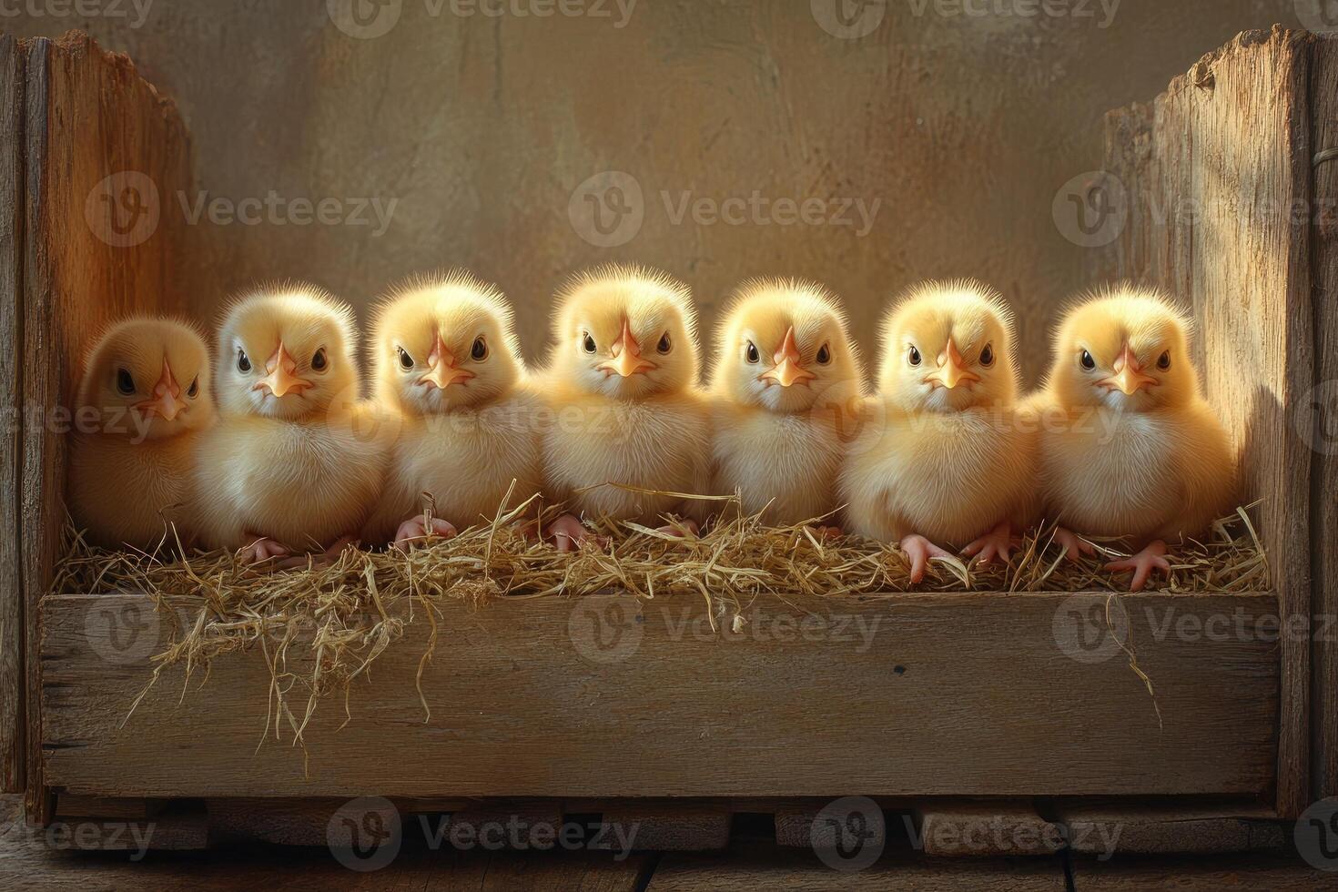 Seven fluffy chicks nestled in wooden crate.. photo