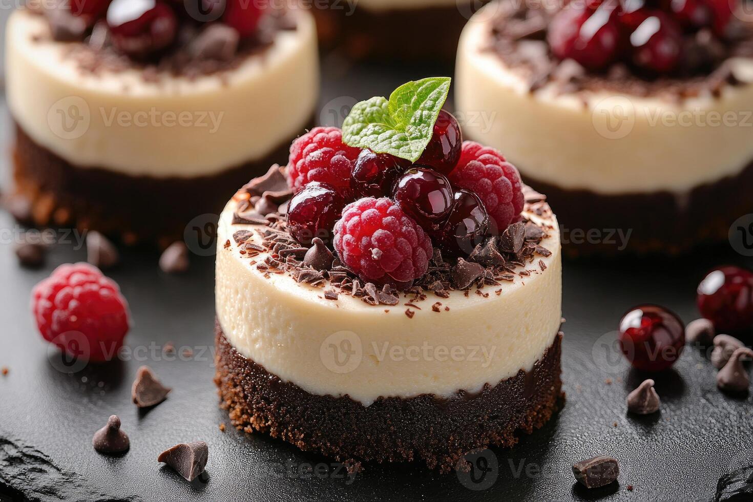 Delicious mini cheesecakes with fresh berries topping photo