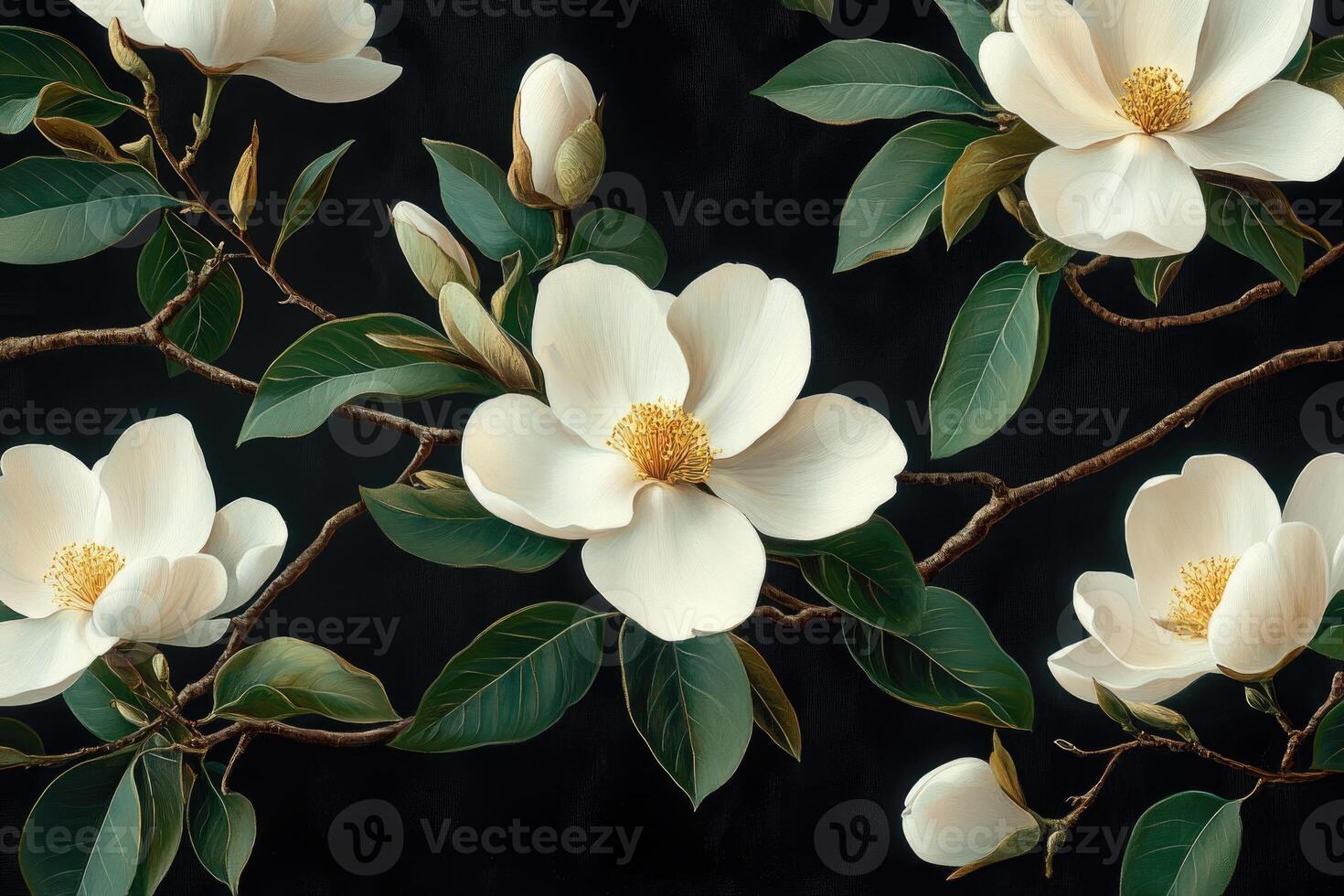 White magnolia flowers creating frame on dark background photo