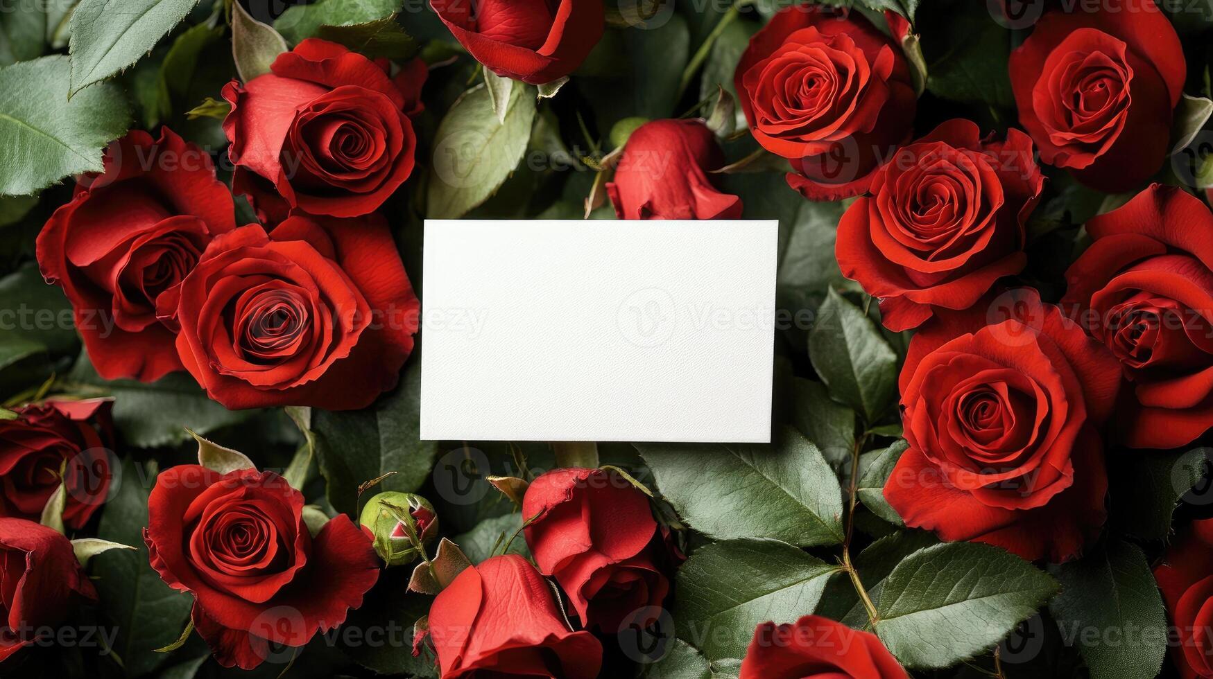 Blank card lying on beautiful red roses forming a floral background photo
