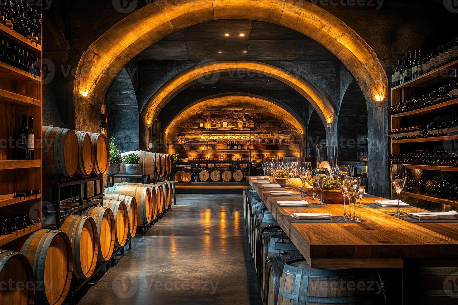 Wine cellar with barrels and tasting table displaying elegance and tradition photo