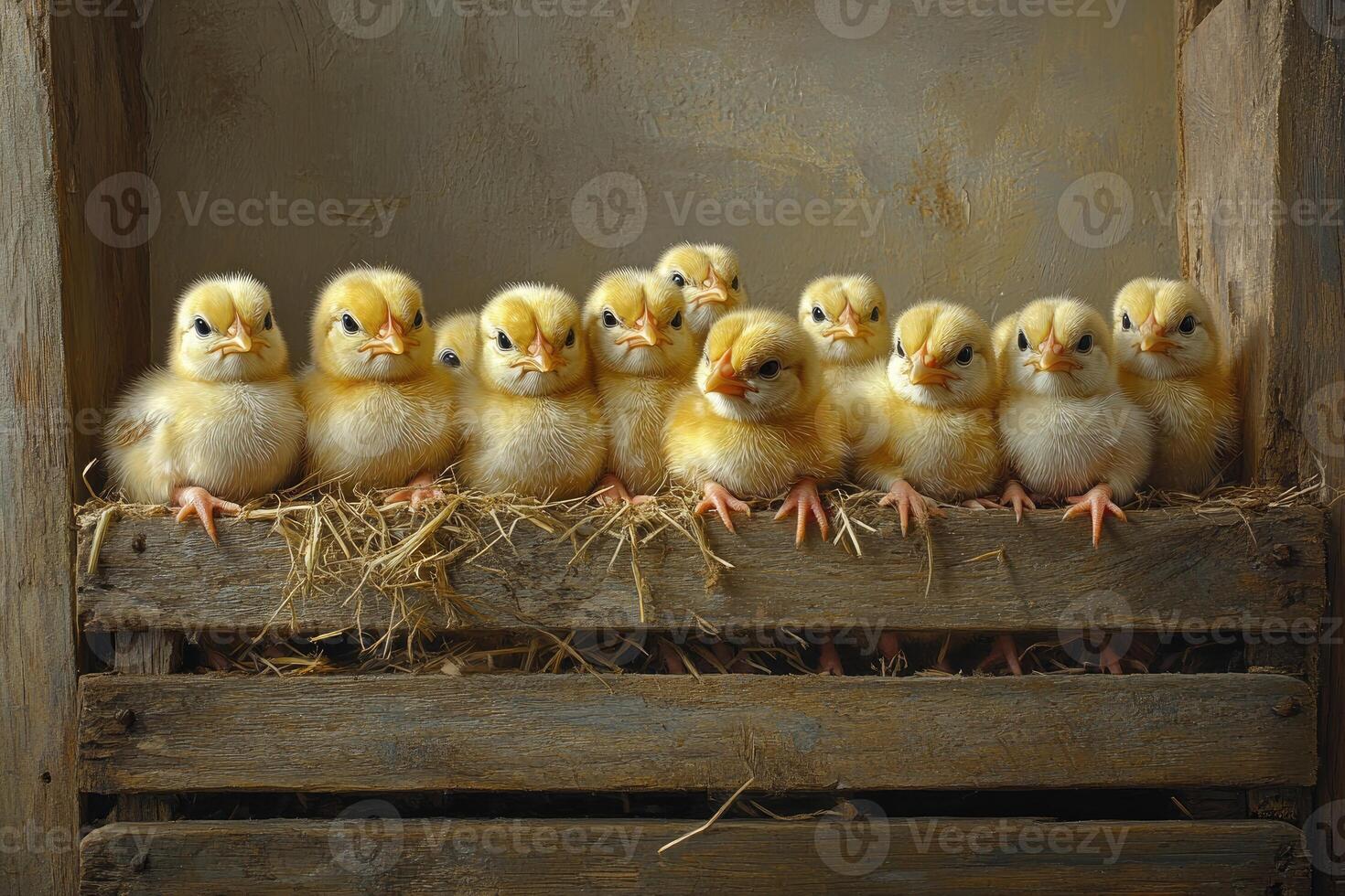Seven fluffy chicks nestled in wooden crate. photo