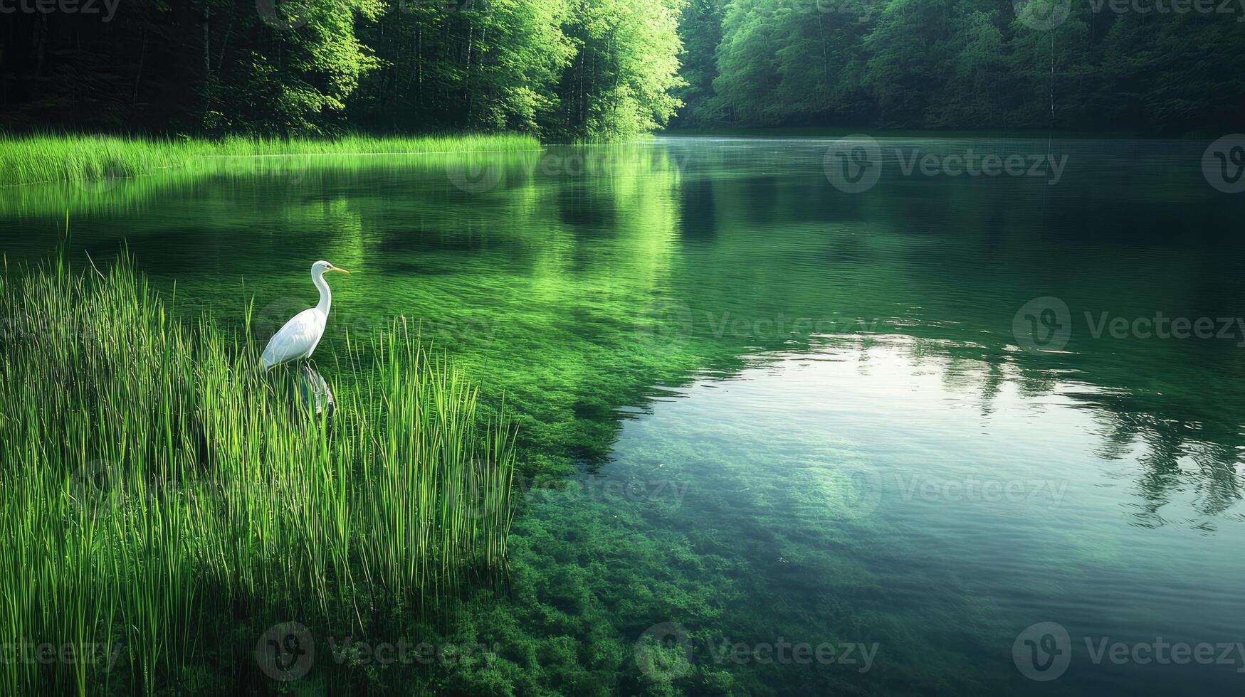White heron standing in a lake with green reflections- photo
