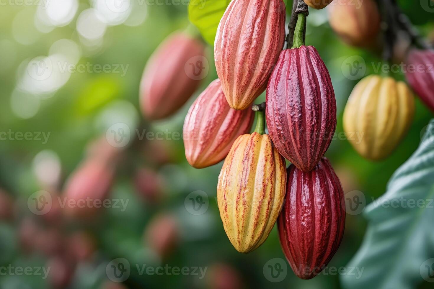 Vibrant cacao pods hanging on tree branches photo