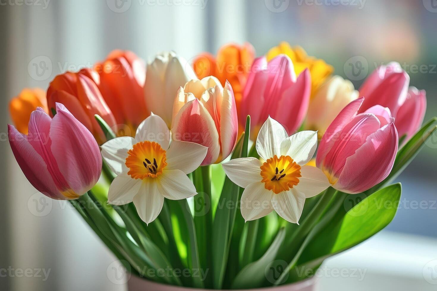 Vibrant spring bouquet of tulips and daffodils photo