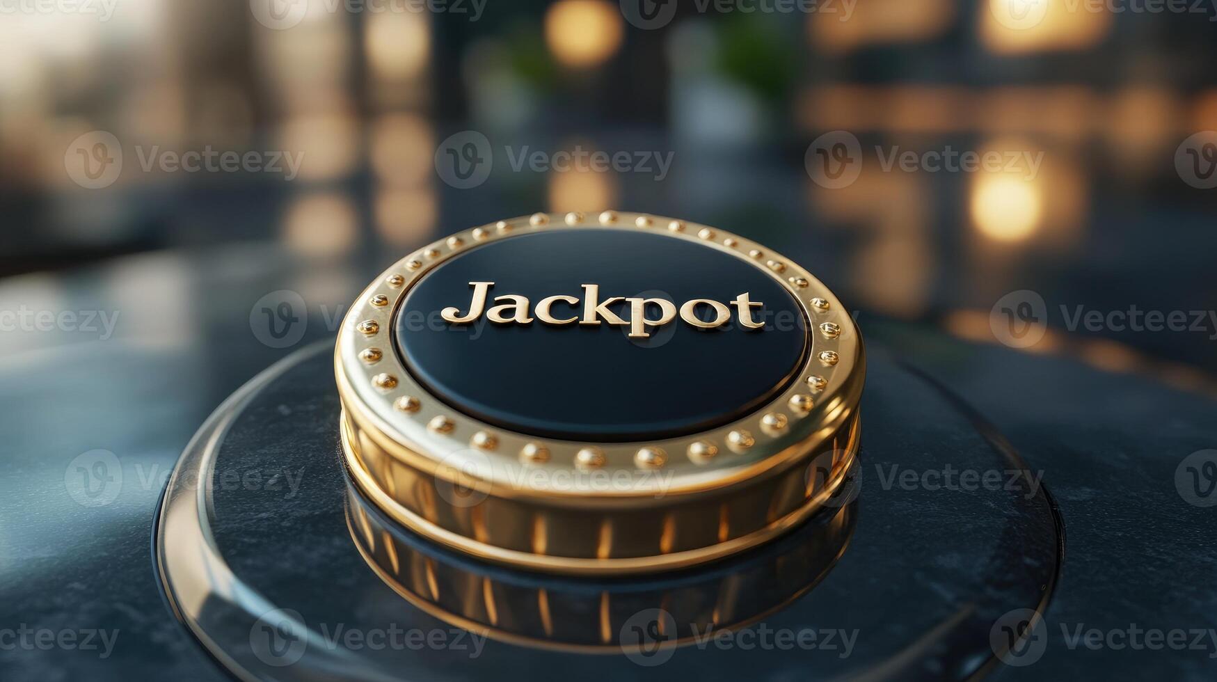 Jackpot button winning big prize on wooden surface.. photo