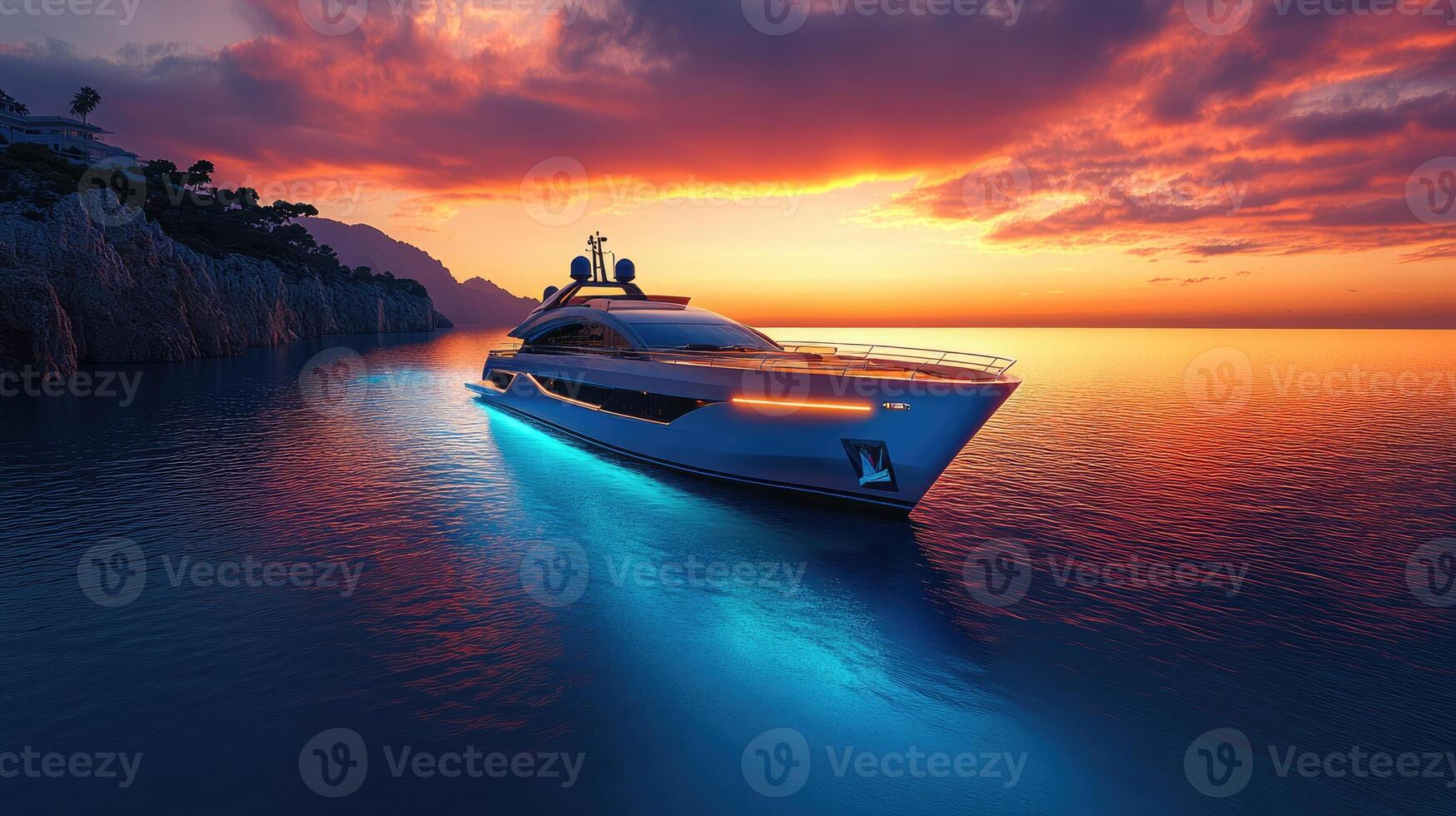 Luxury yacht sailing near coast at sunset reflecting on calm sea photo