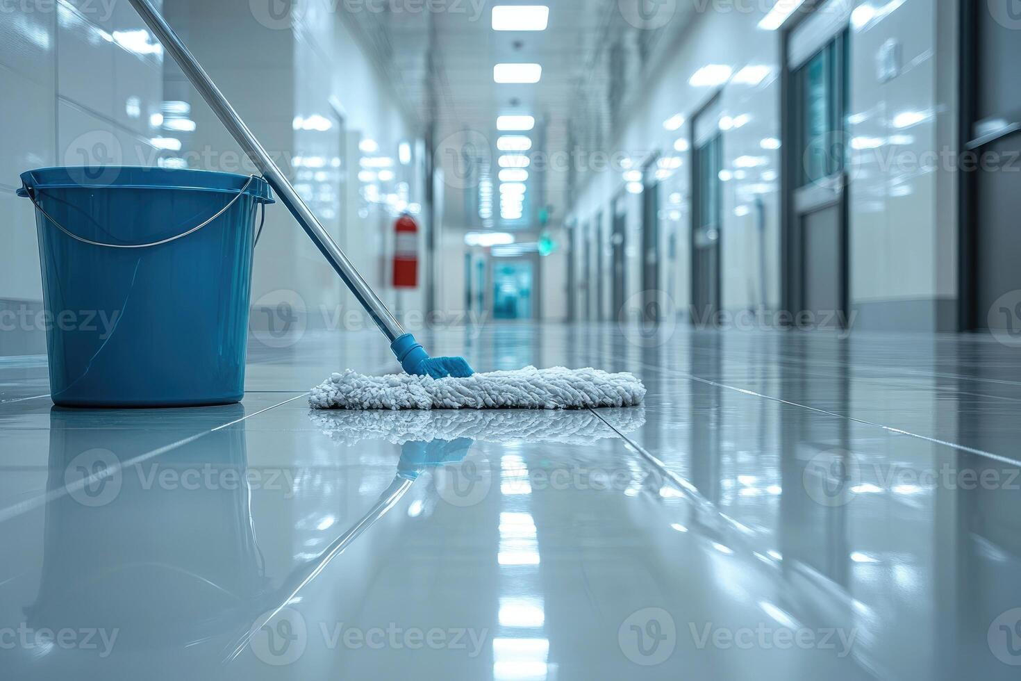 Gleaming hallway with mop and bucket for cleaning. photo