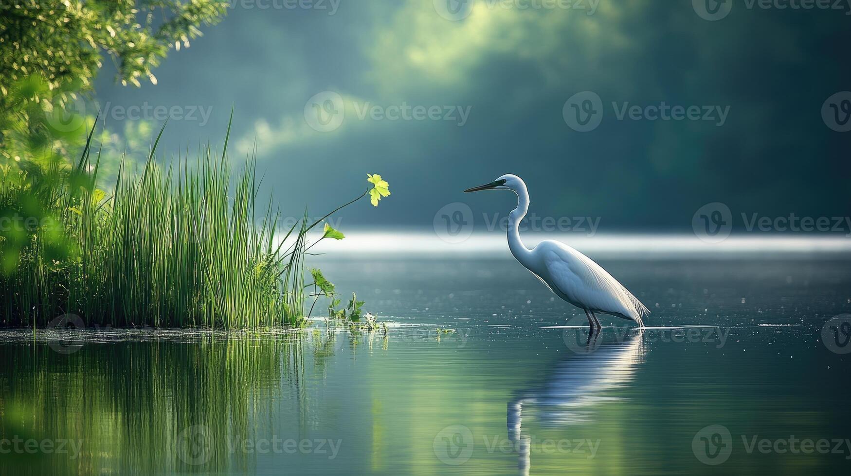 Great egret wading in calm lake at dawn photo