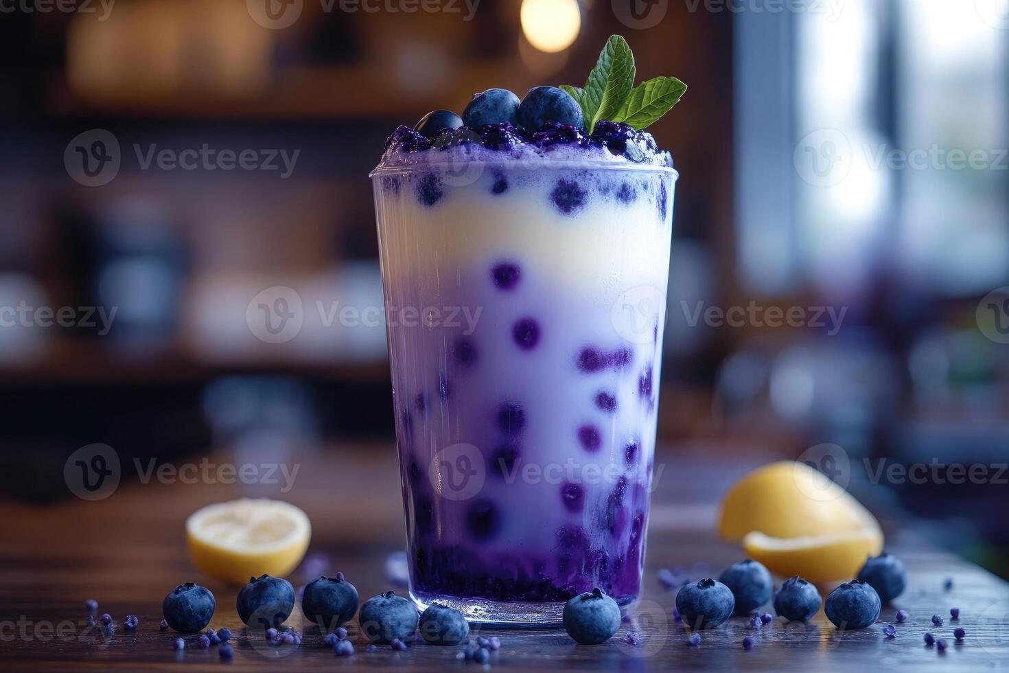Refreshing blueberry yogurt drink with lemon and chia. photo