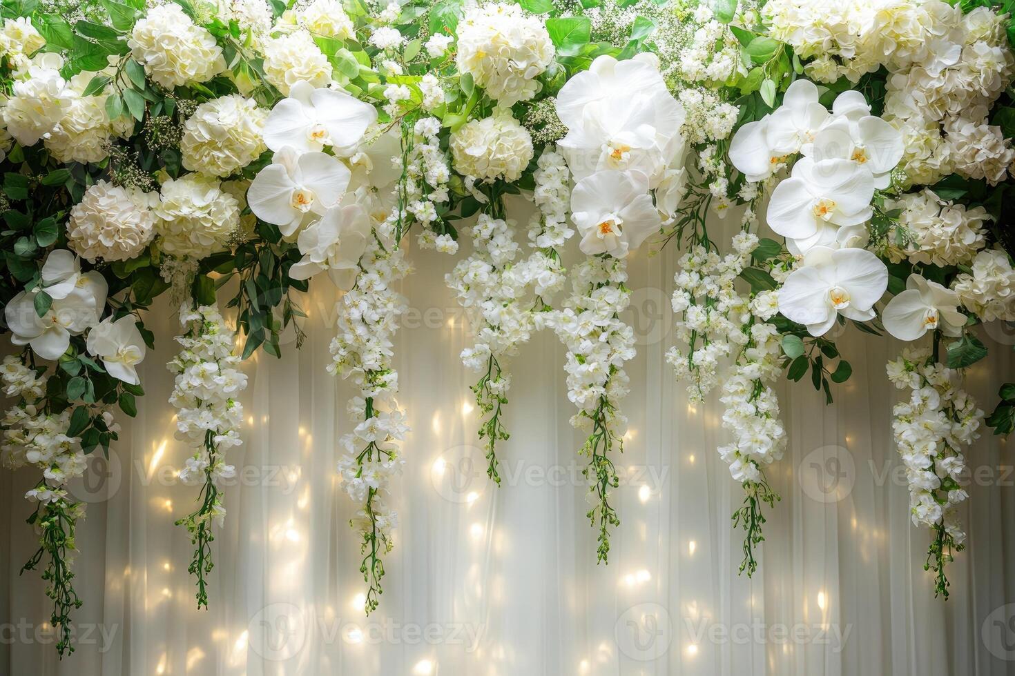 Beautiful white orchids and hydrangeas hanging over sheer curtain backdrop creating elegant wedding decoration photo
