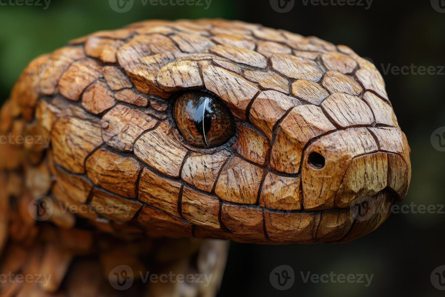 Intricately carved wooden snake sculpture displaying realism photo