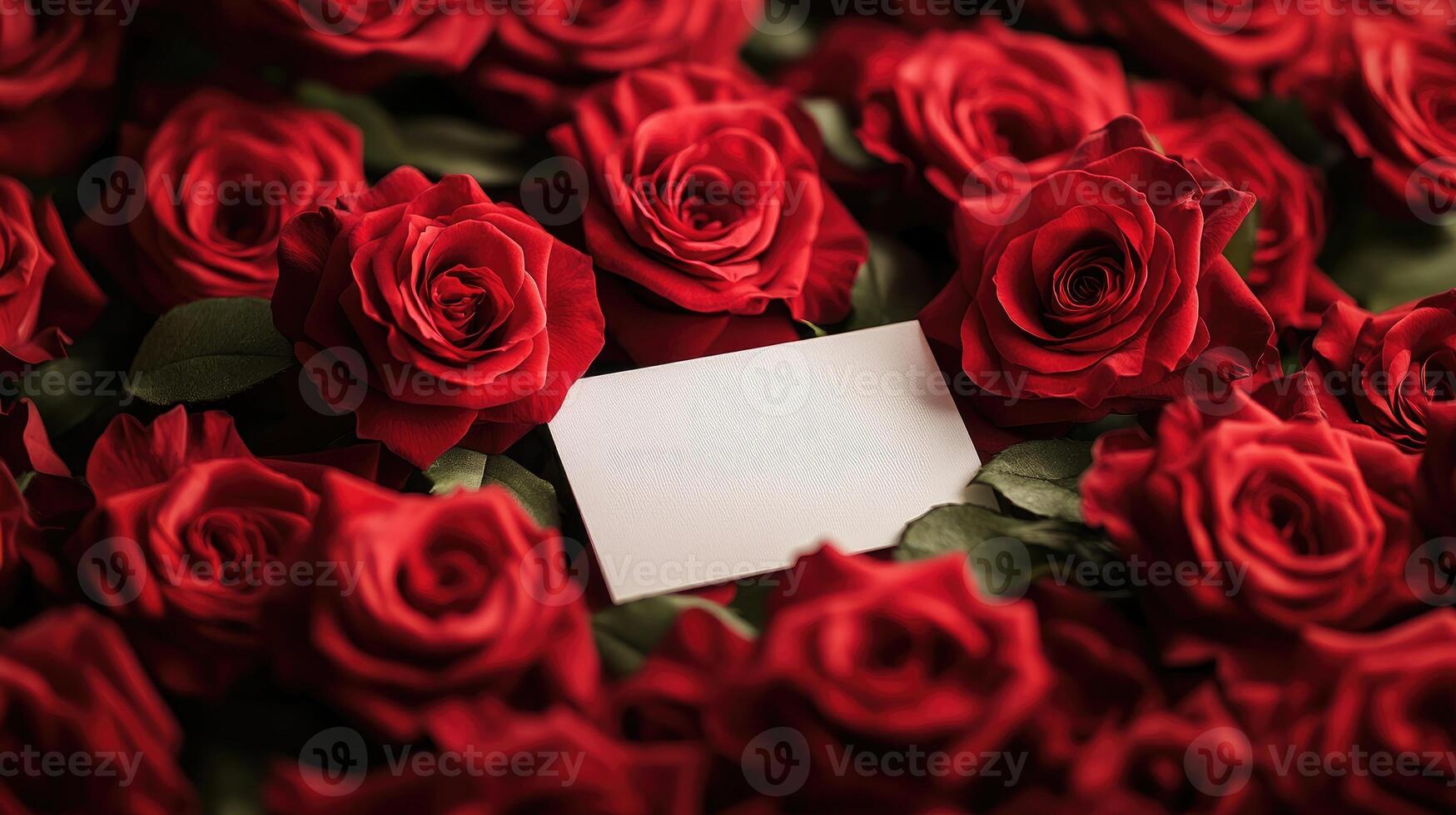 Blank card lying on beautiful red roses forming a floral background. photo