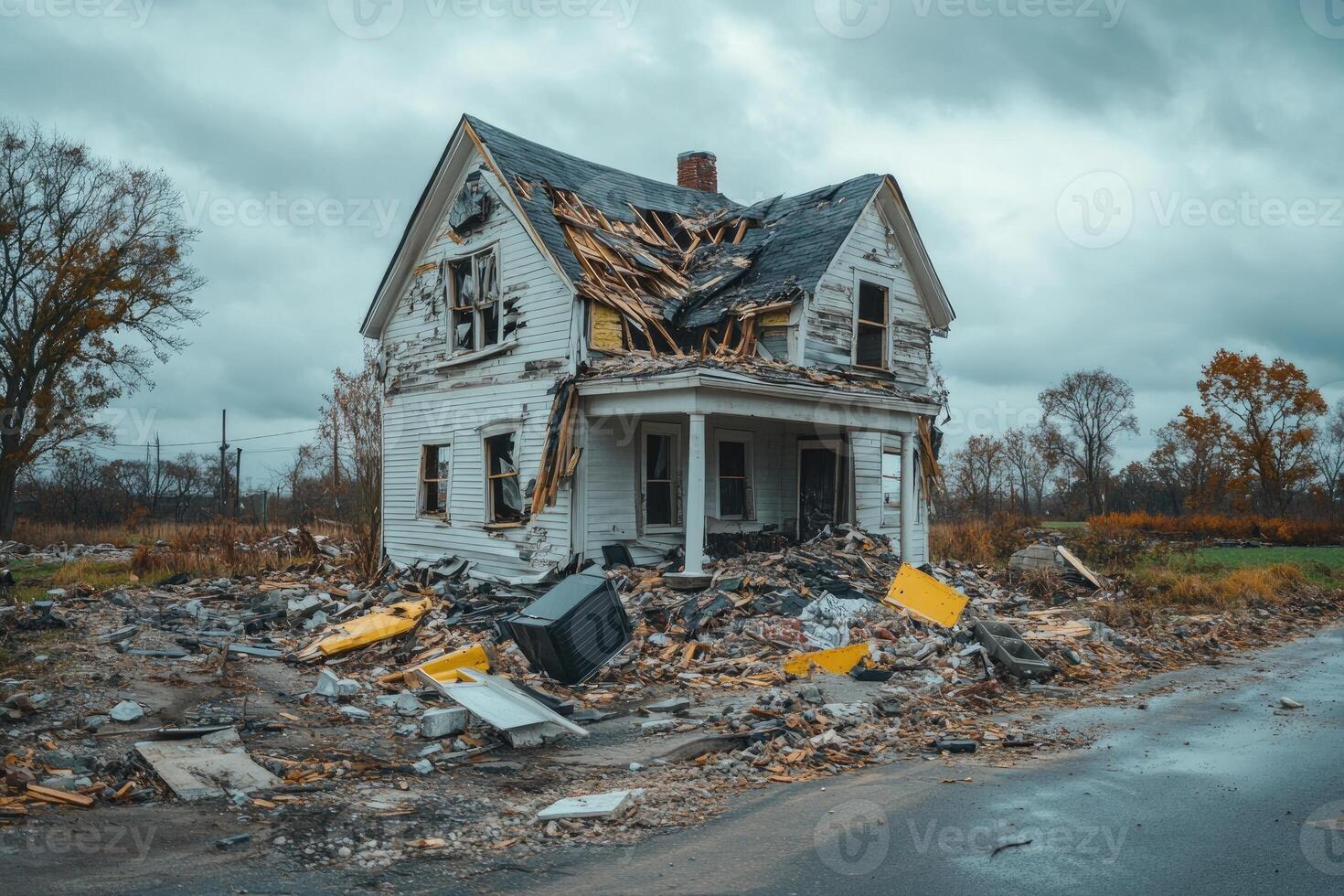 Abandoned house crumbling amidst urban decay photo