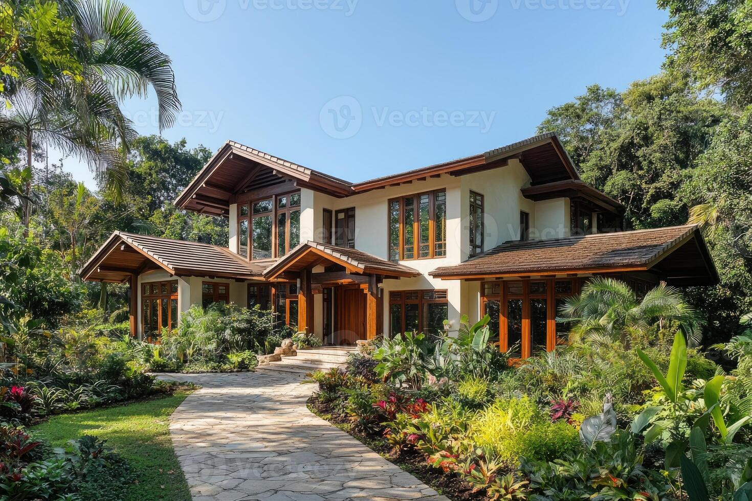 Beautiful tropical luxury home with stone pathway and lush landscaping photo