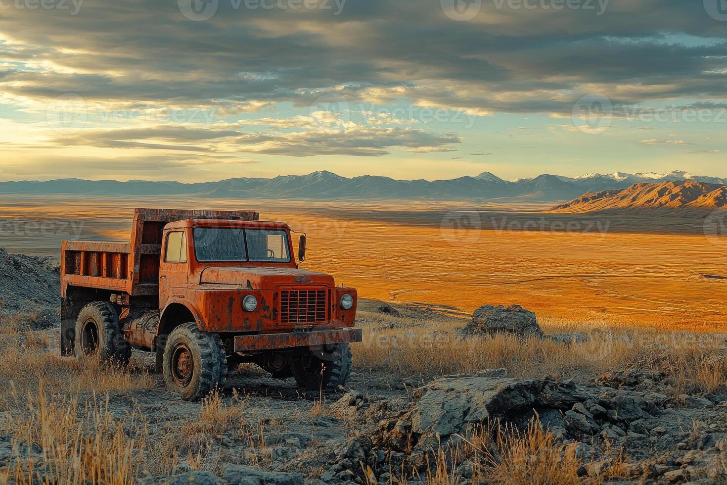 Rusty truck resting in vast desert landscape photo