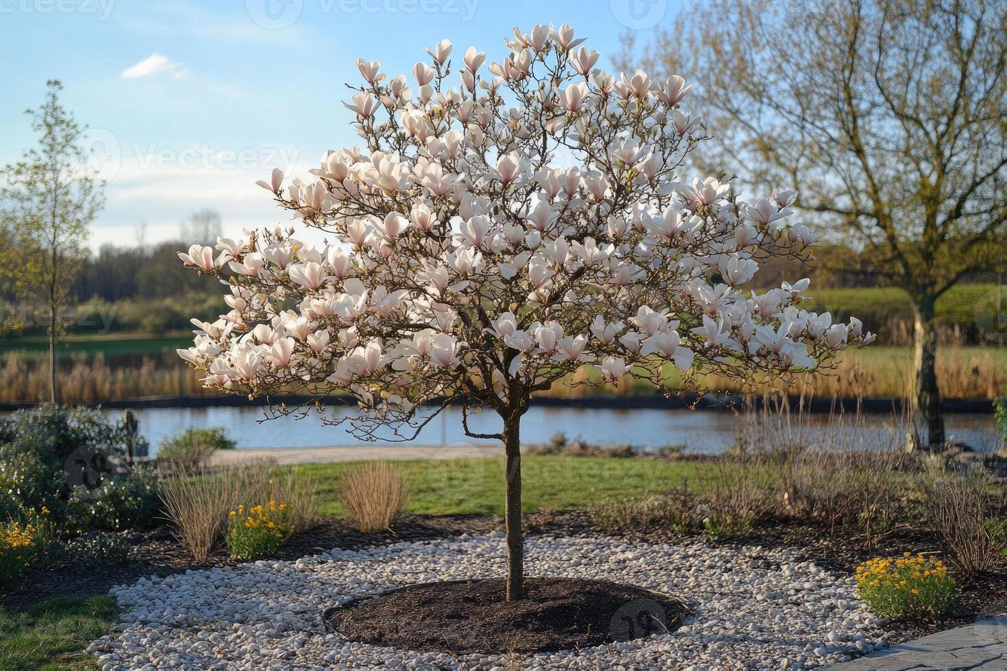 Blooming magnolia tree in tranquil garden setting photo
