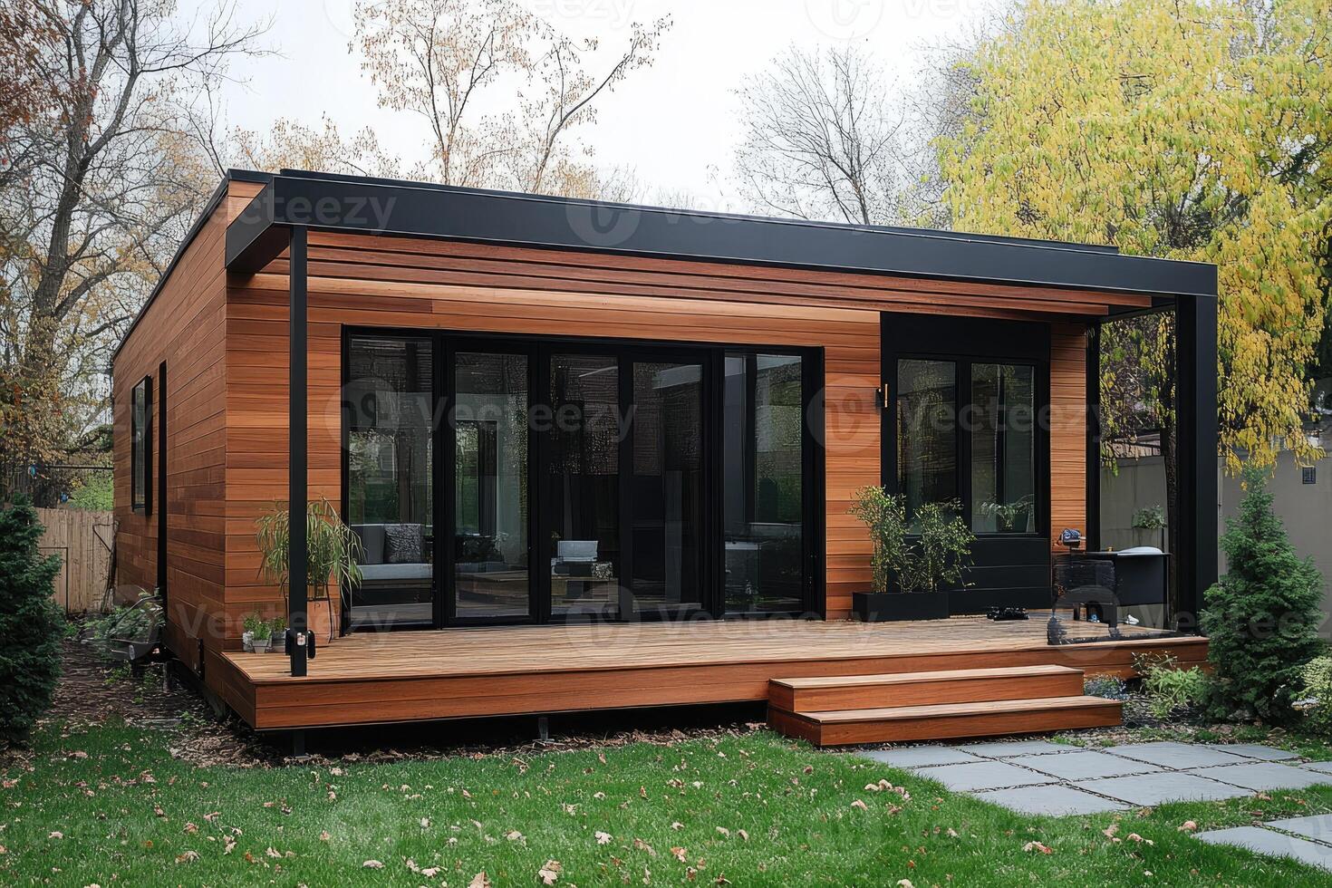 Modern wooden tiny house with glass doors photo