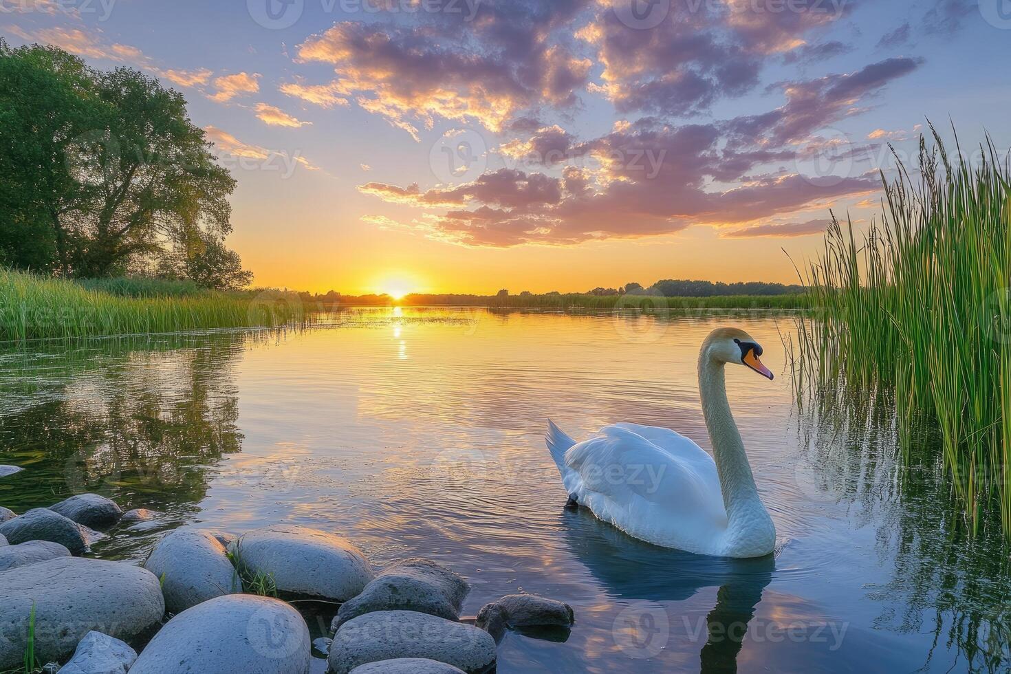 Majestic swan gliding on serene lake at sunset photo