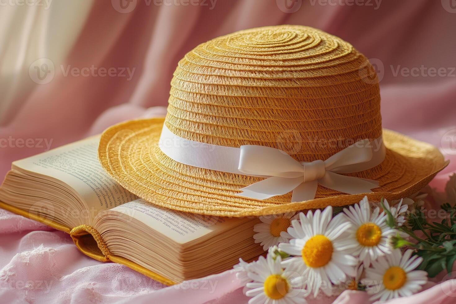 Straw hat resting on open book with daisies. photo