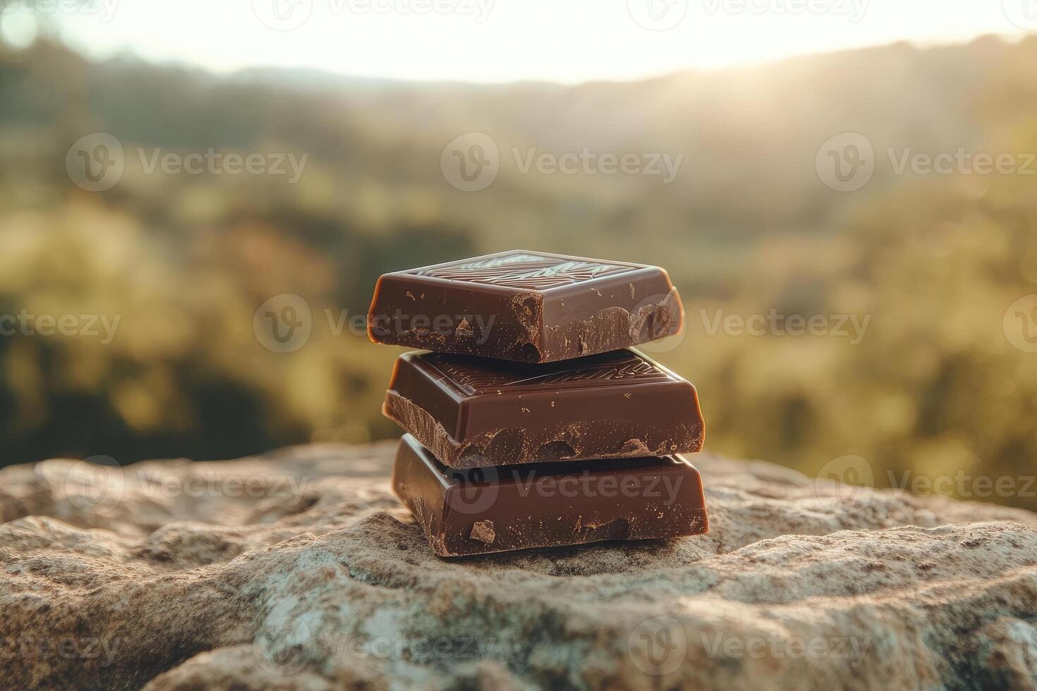 Stacked chocolate bars on rustic stone surface photo