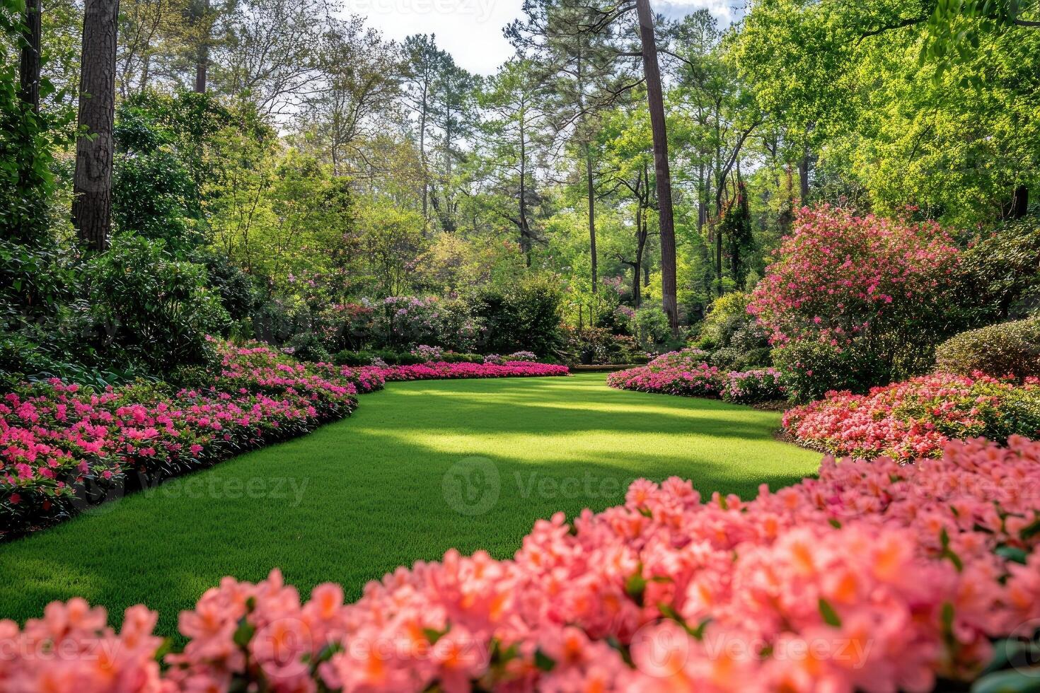 Serene garden pathway surrounded by blooming azaleas photo