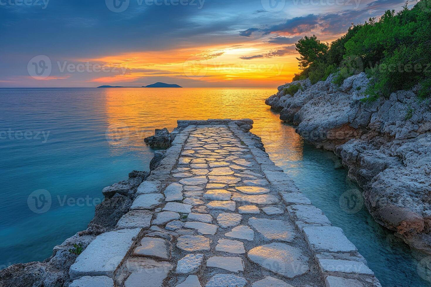 Stone pathway leading to tranquil sunset over water photo