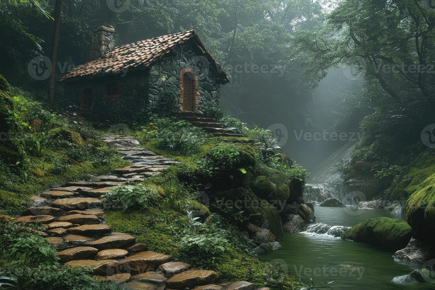 Enchanting stone cottage nestled in lush forest. photo