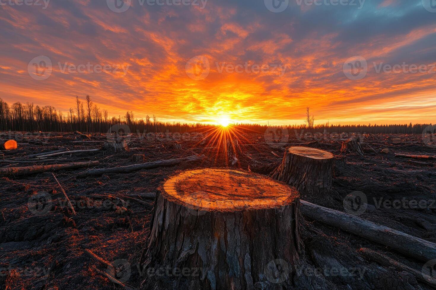 Dramatic sunset over deforested land with tree stump in the foreground. photo