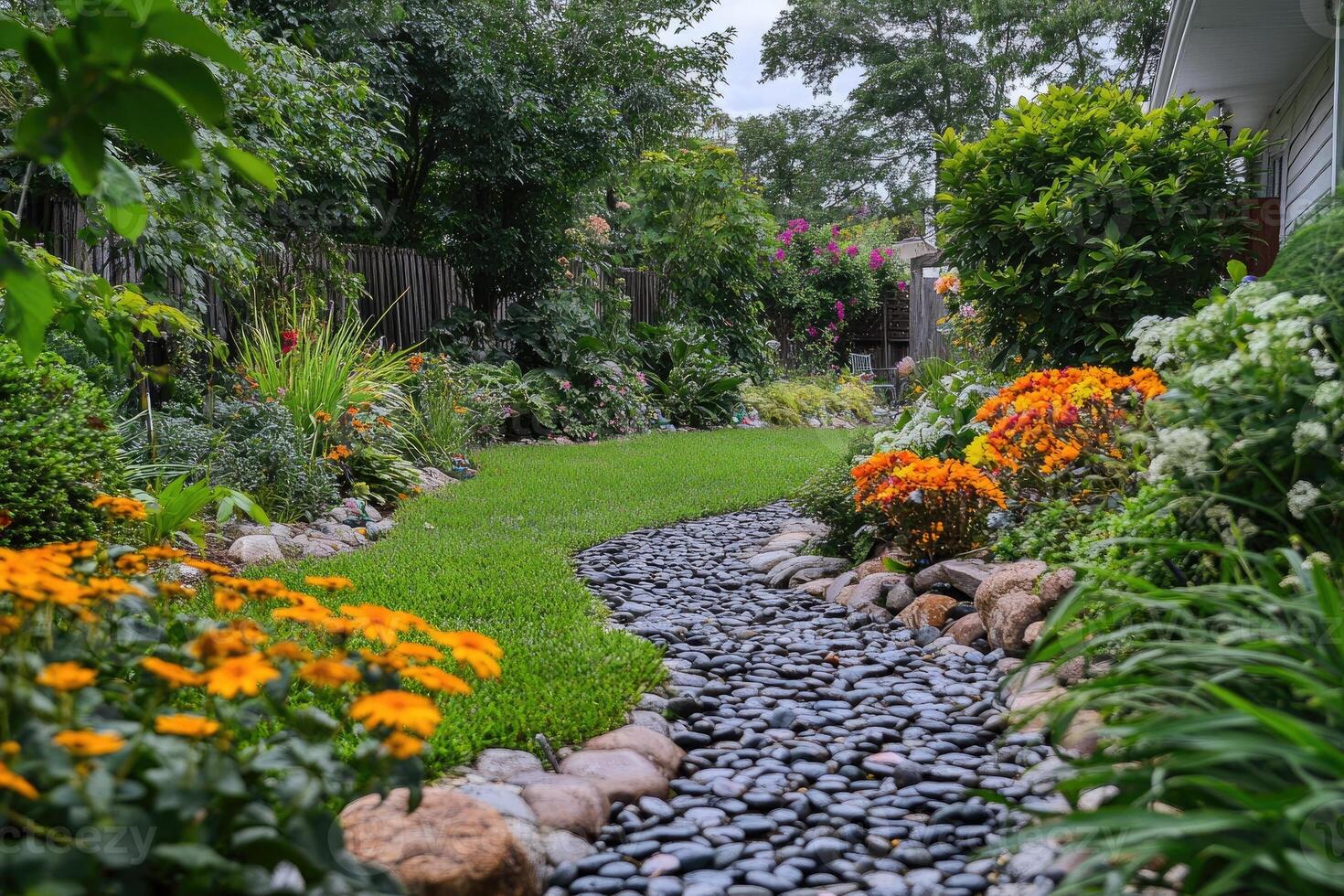 Vibrant garden pathway with colorful flowers and stones photo