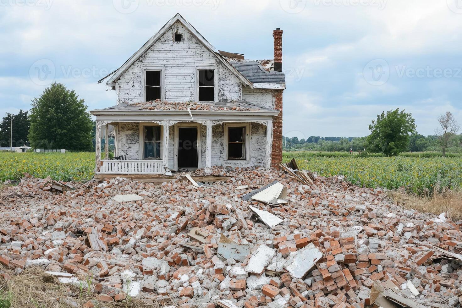 Abandoned house crumbling amidst urban decay. photo