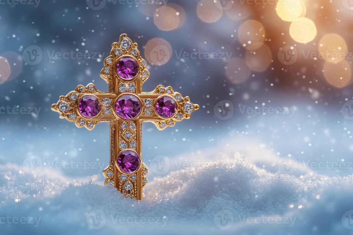 Jeweled cross standing in snow during winter with falling snow and bokeh lights photo