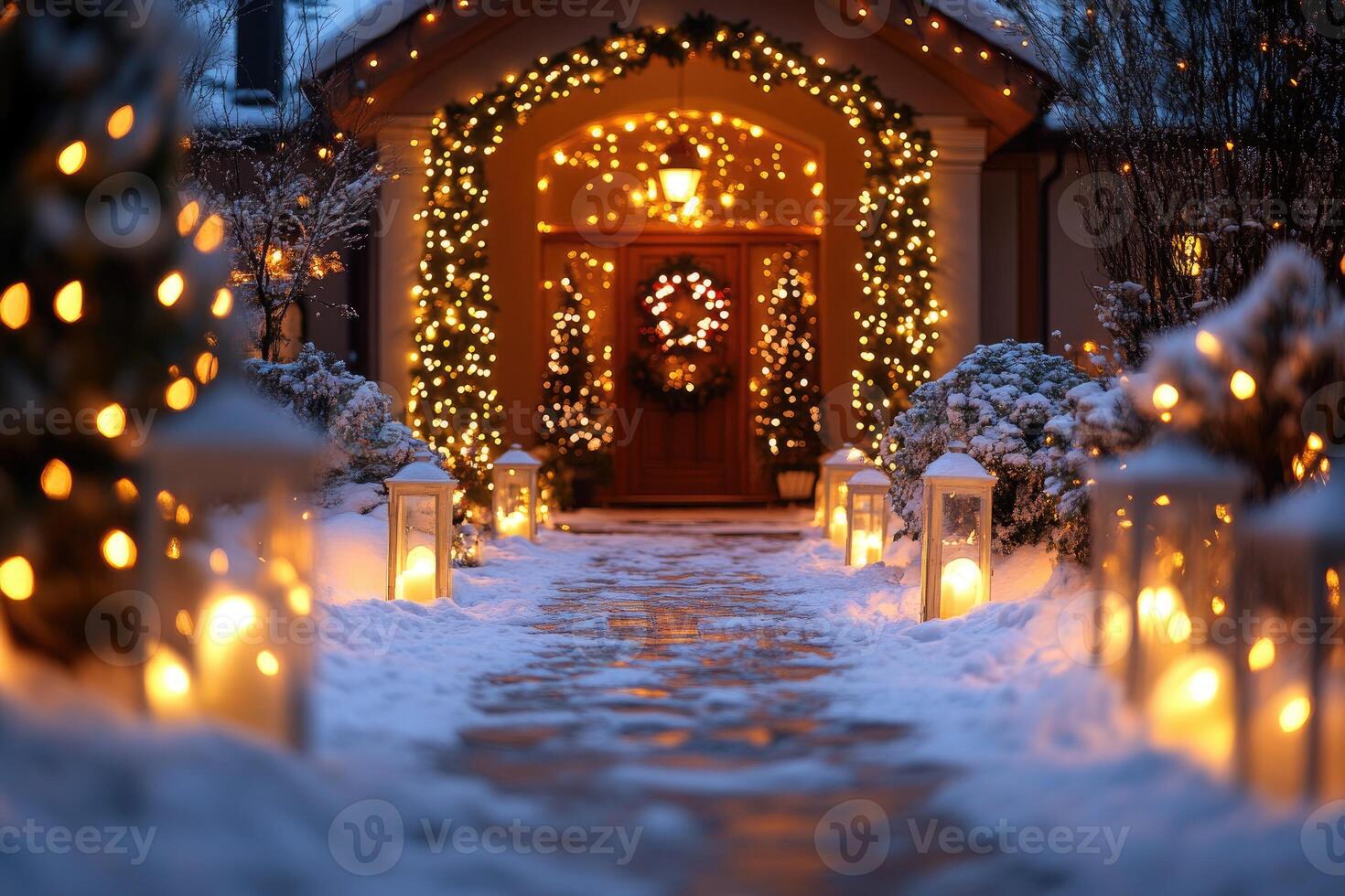 Illuminated pathway leading to festive holiday entrance photo
