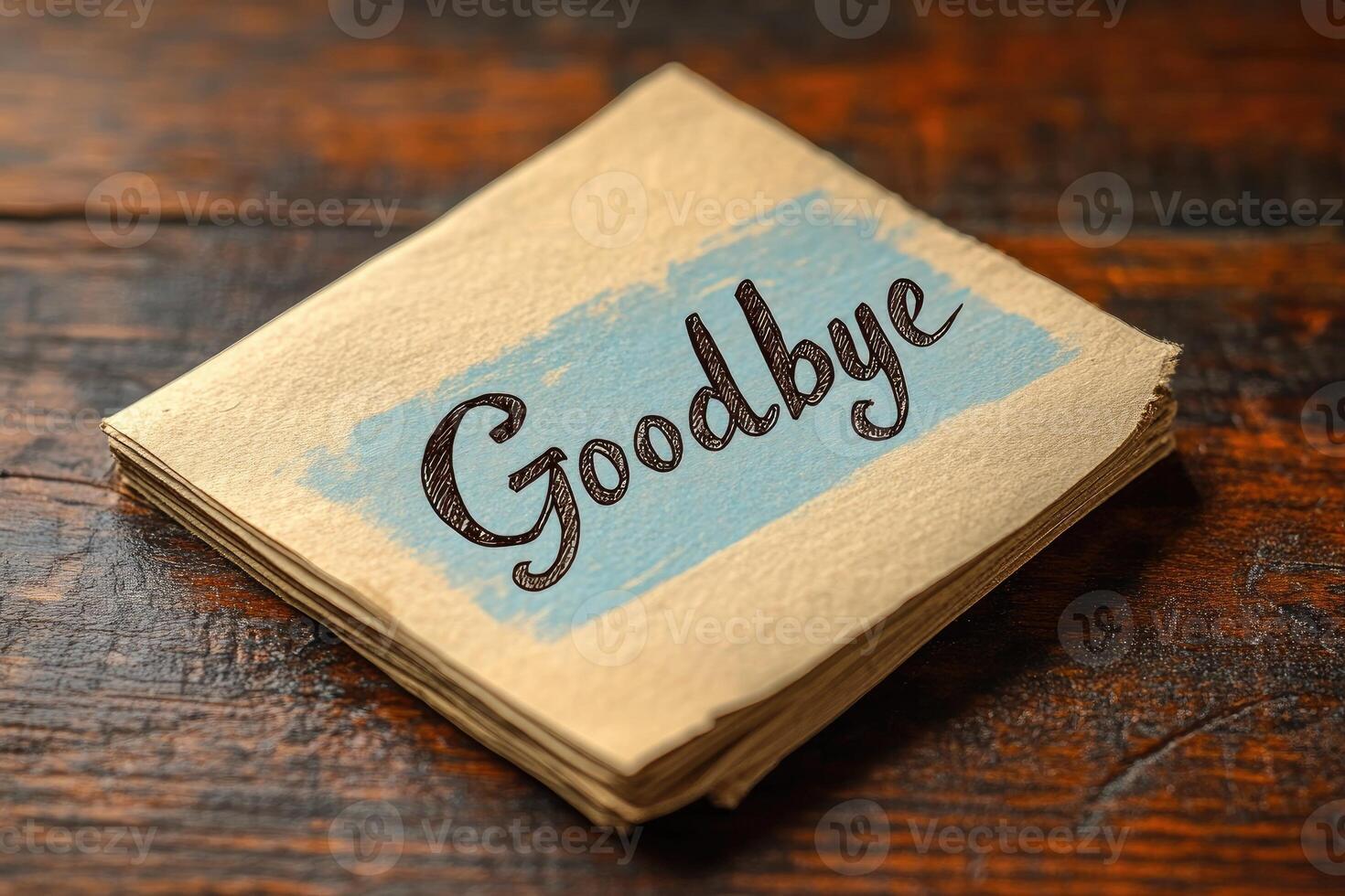 Stack of old paper showing goodbye message on rustic wooden table photo