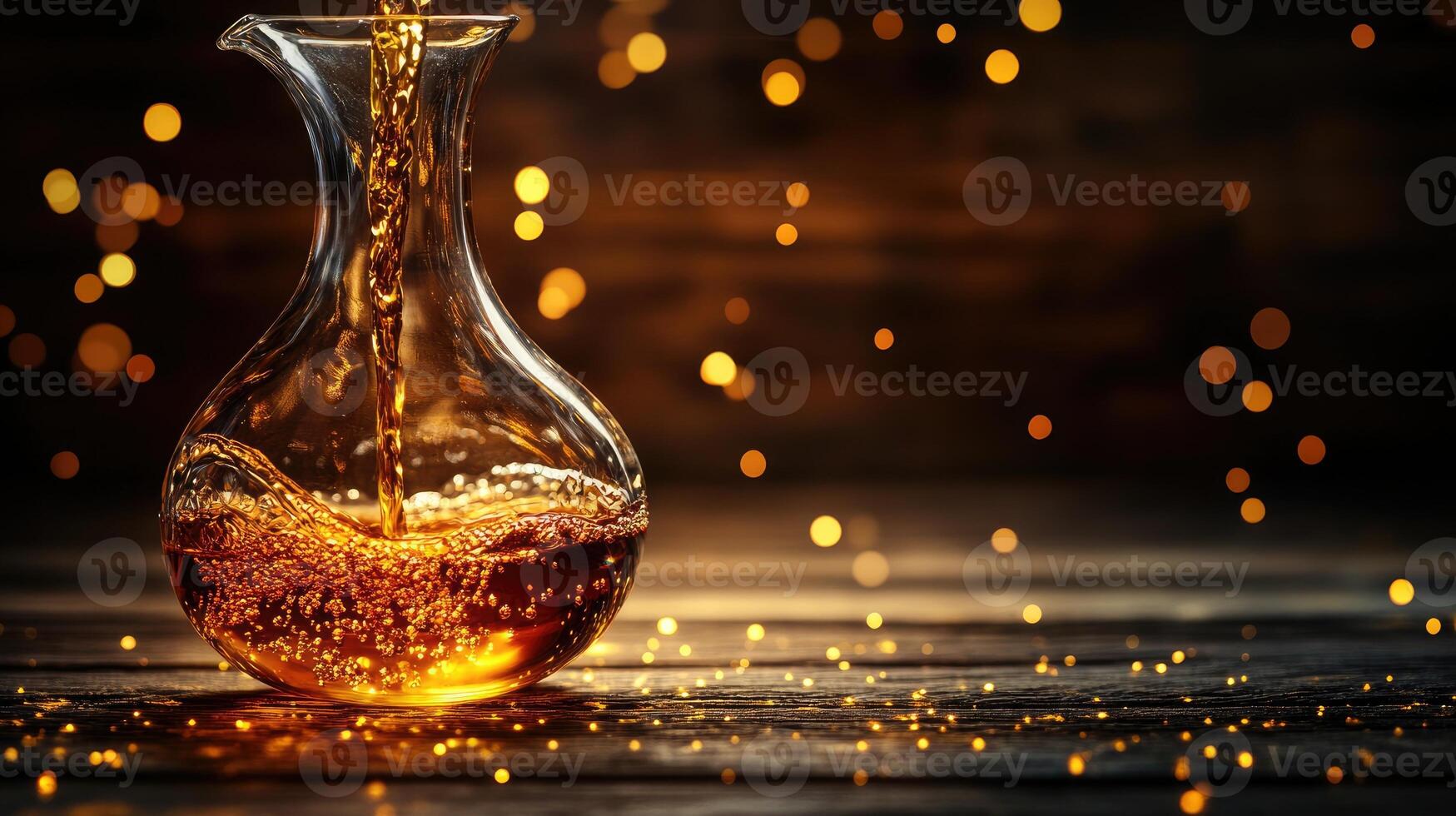 Pouring alcoholic beverage into glass decanter on wooden table with golden bokeh lights photo