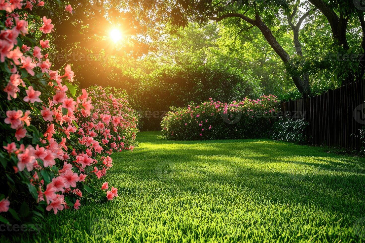 Blooming azalea bushes framing lush green lawn in beautiful garden at sunset. photo