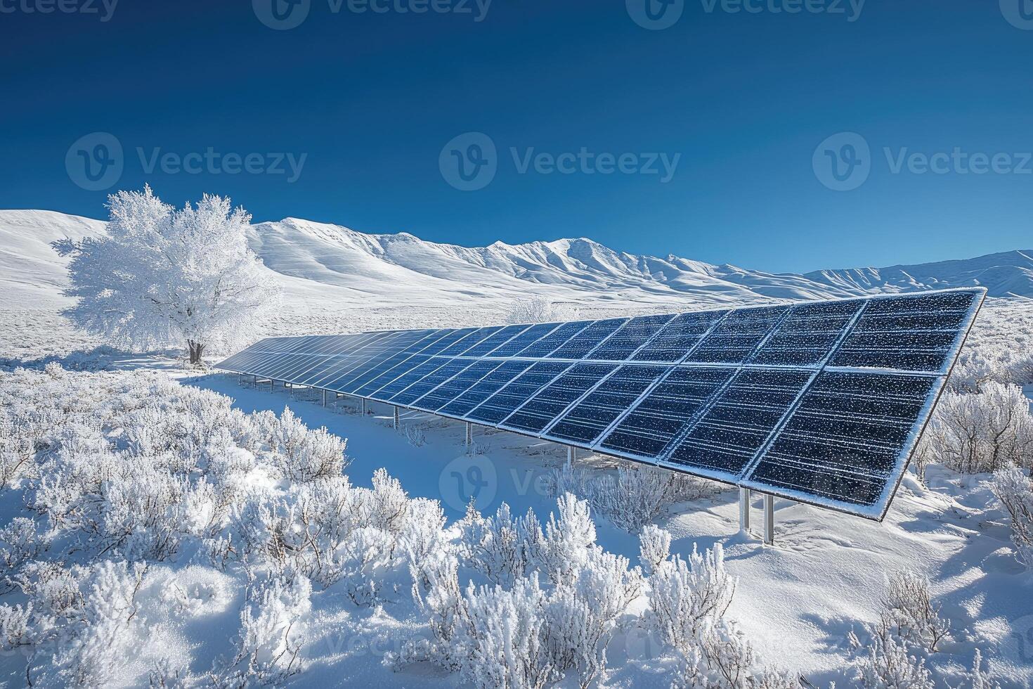 Solar panels generating clean energy in snowy mountains... photo