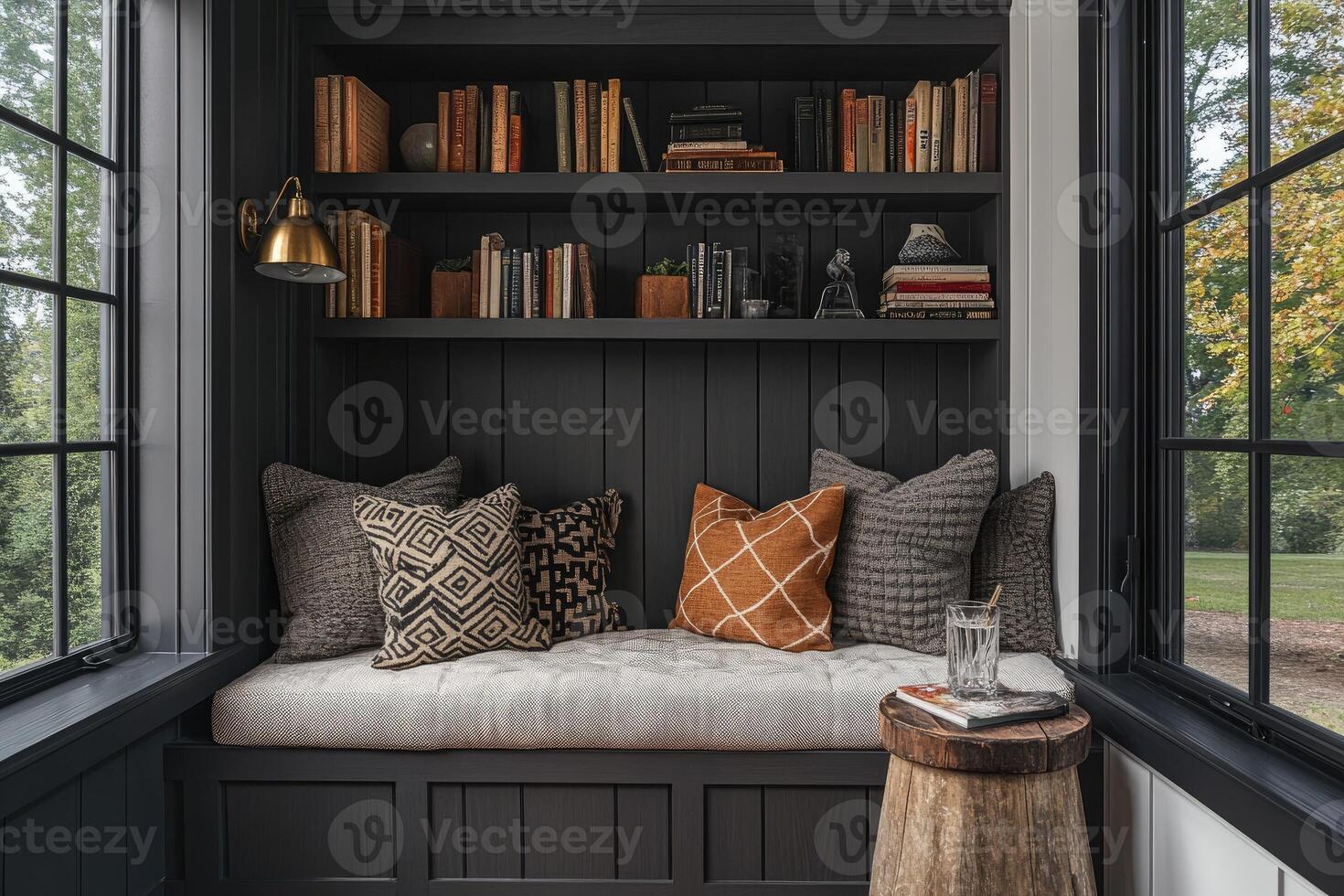Cozy reading nook with built-in bookshelves inviting relaxation and literature exploration photo