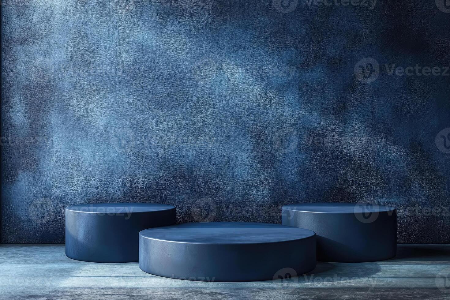 Three empty round podiums for product placement on dark blue concrete studio background photo