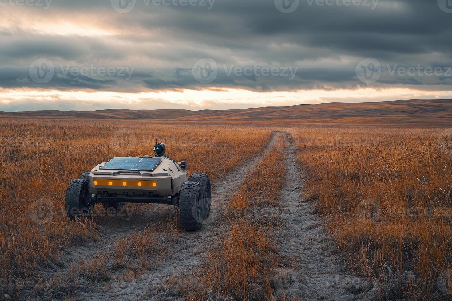 Autonomous robot navigating through vast open fields photo