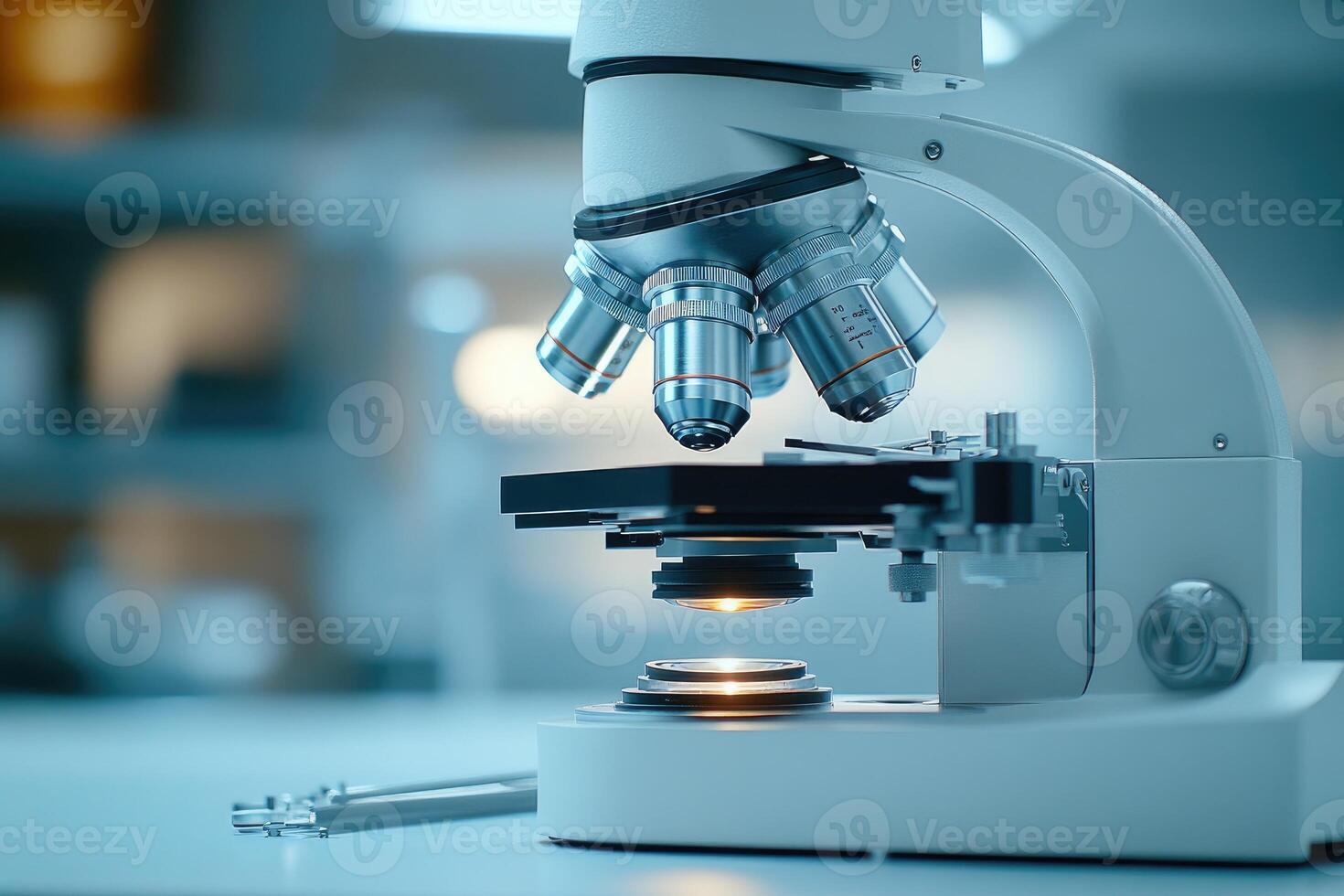 Modern medical microscope is analyzing sample in laboratory. photo