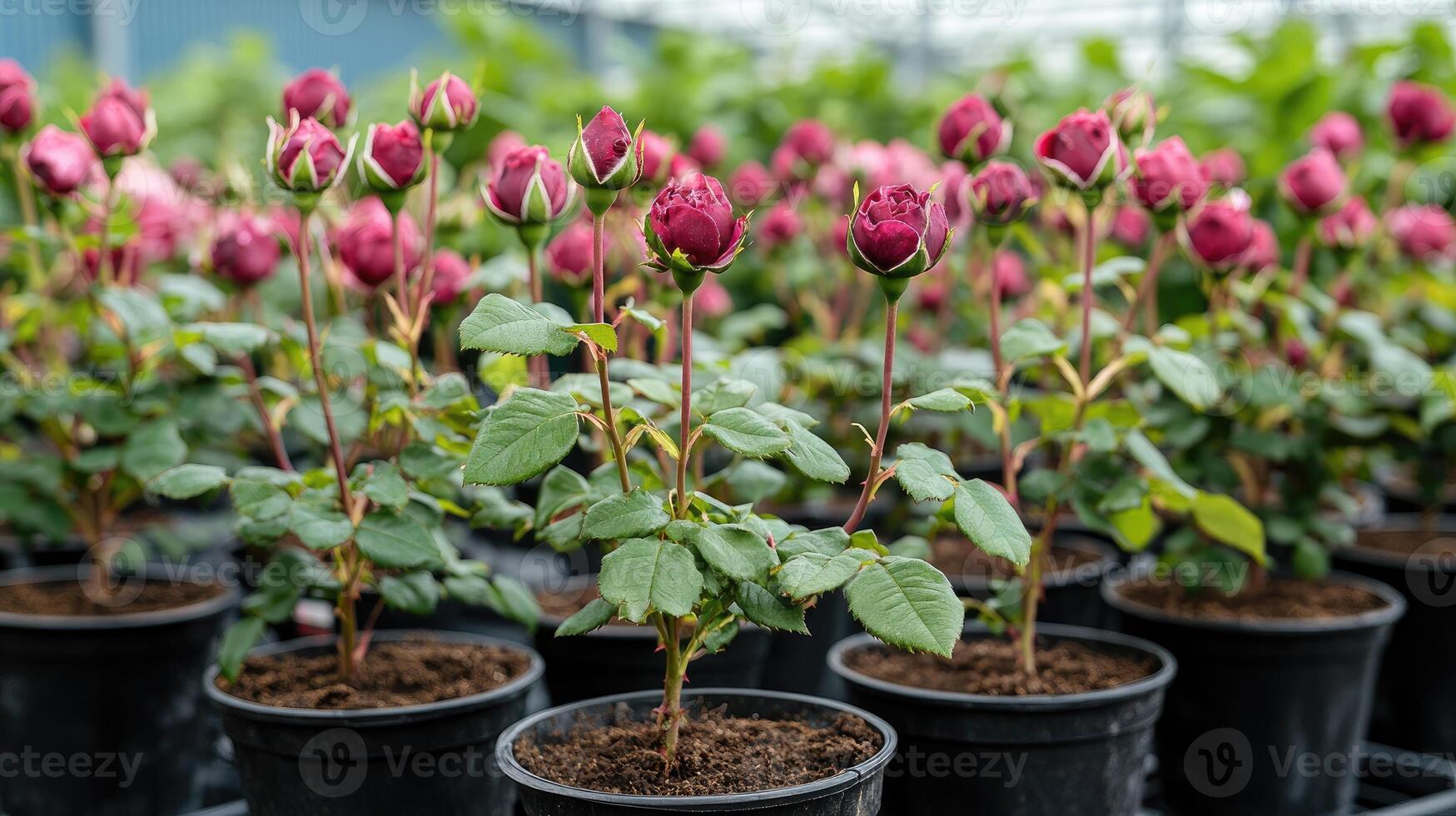 Burgundy roses growing in pots in greenhouse nursery. photo
