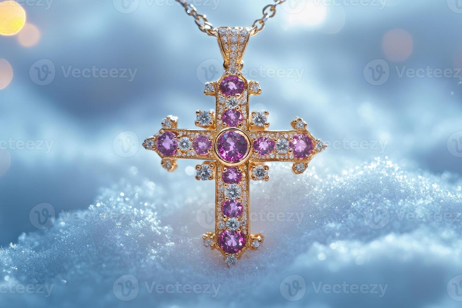 Jeweled cross standing in snow during winter with falling snow and bokeh lights. photo