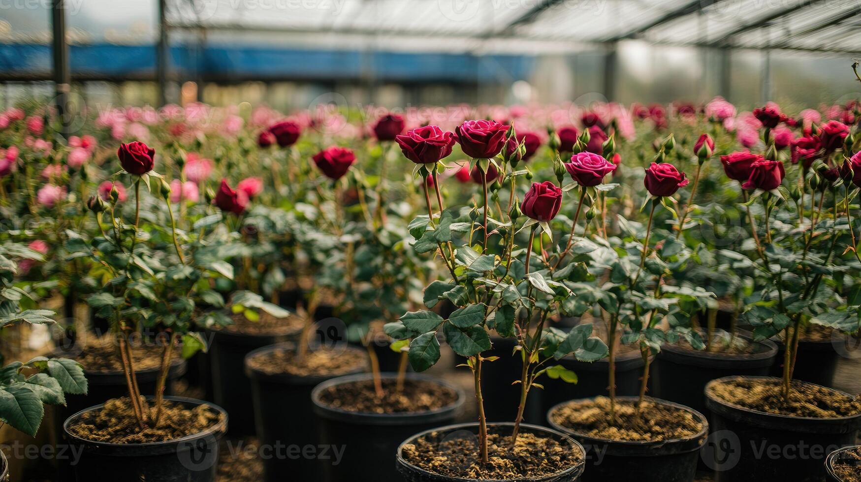 Red roses growing in pots inside greenhouse nursery. photo