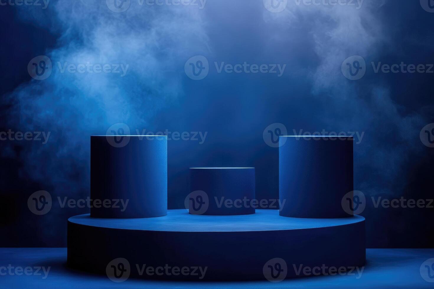 Three empty blue podiums emerging from smoke on blue background photo