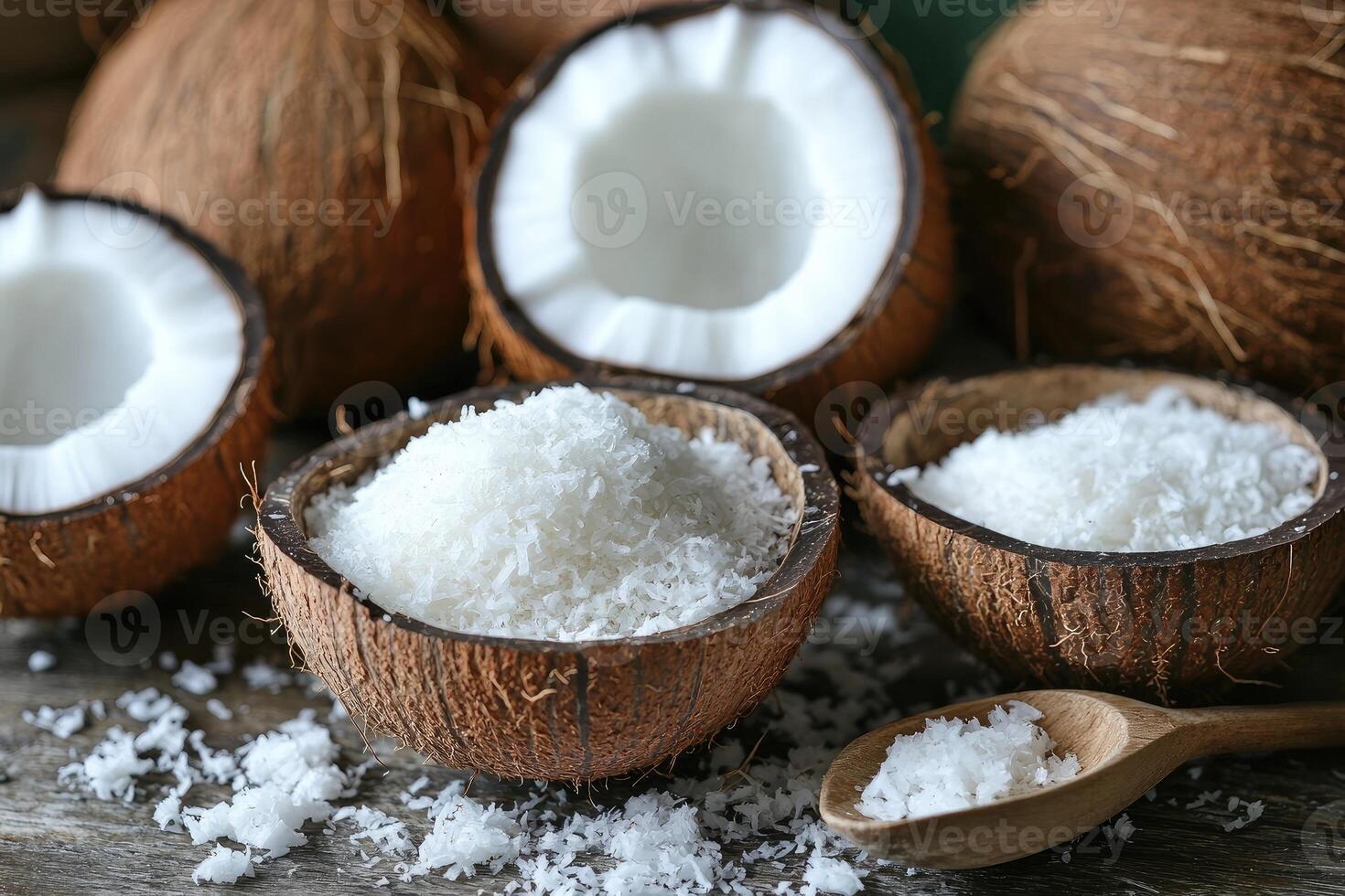 Coconut flakes inside coconut shell with whole coconuts on rustic wooden table. photo