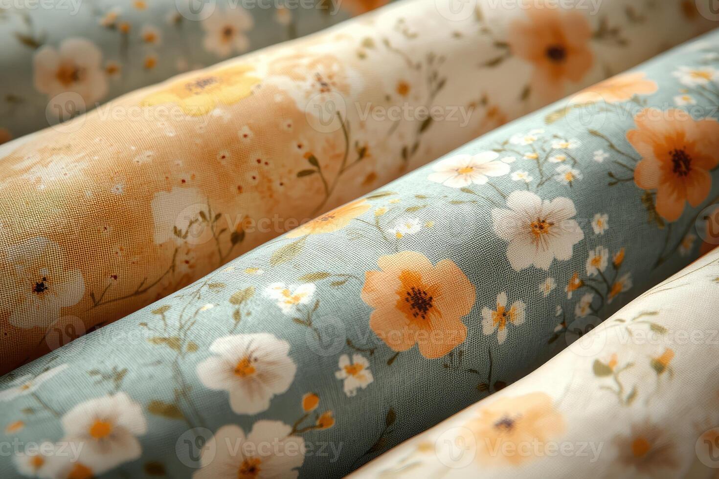 Fabric rolls showing orange and white floral pattern on light green and beige background photo